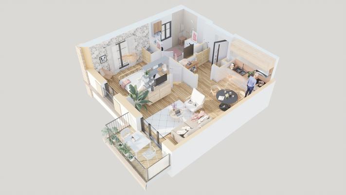 Plan 3D d'un appartement de type T2